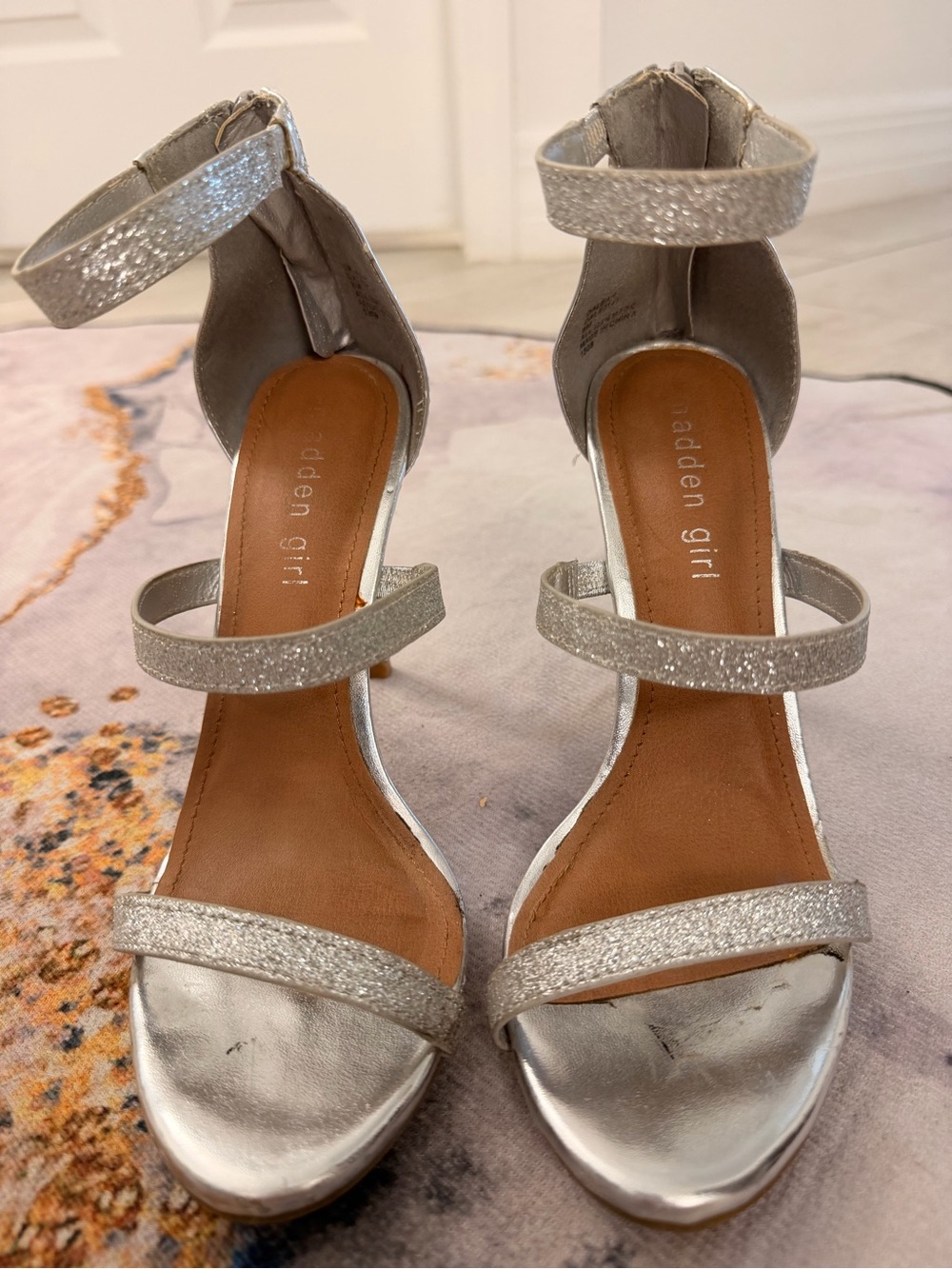 Madden Girl Silver Glitter Strappy Ankle-Heel Sandals